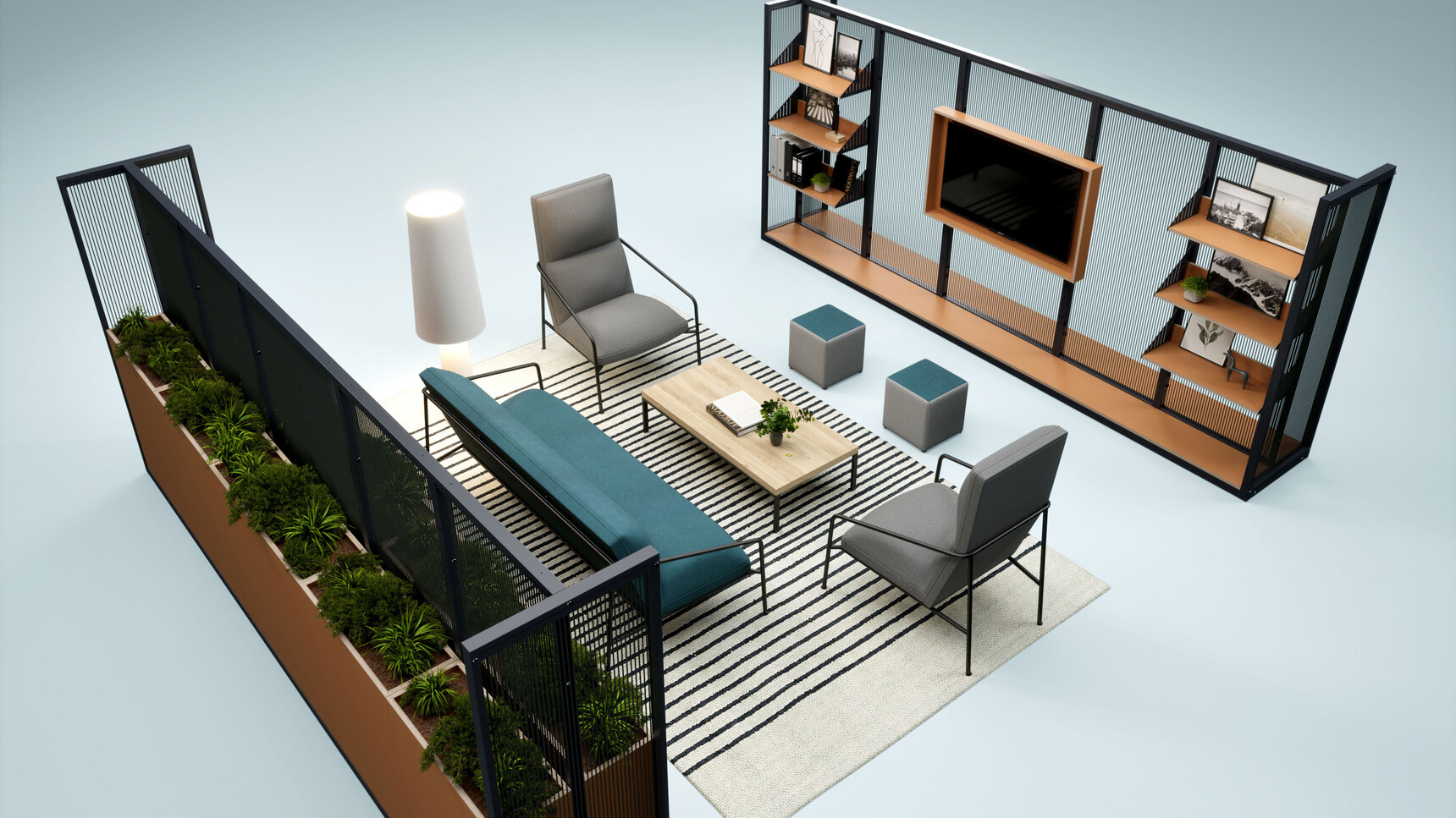 Connection Harp Lounge Space Divider Black Finish With Planters Family Image