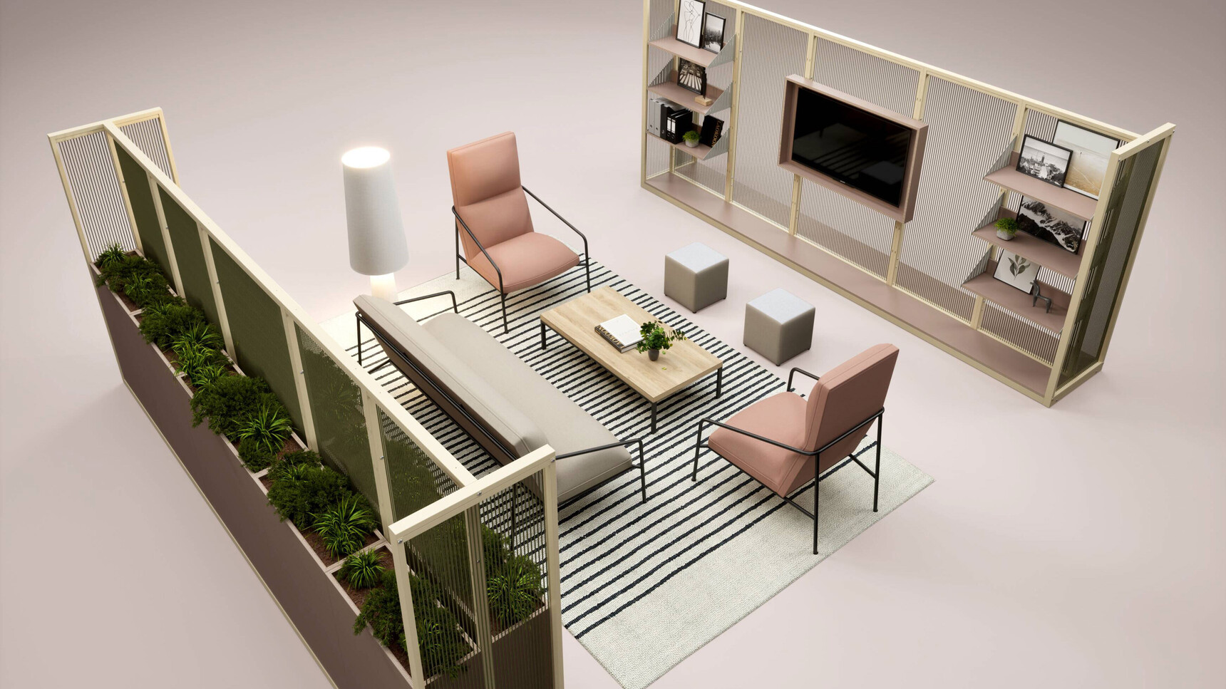 Connection Harp Lounge Space Divider Light Ivory Finish With Planters Family Image