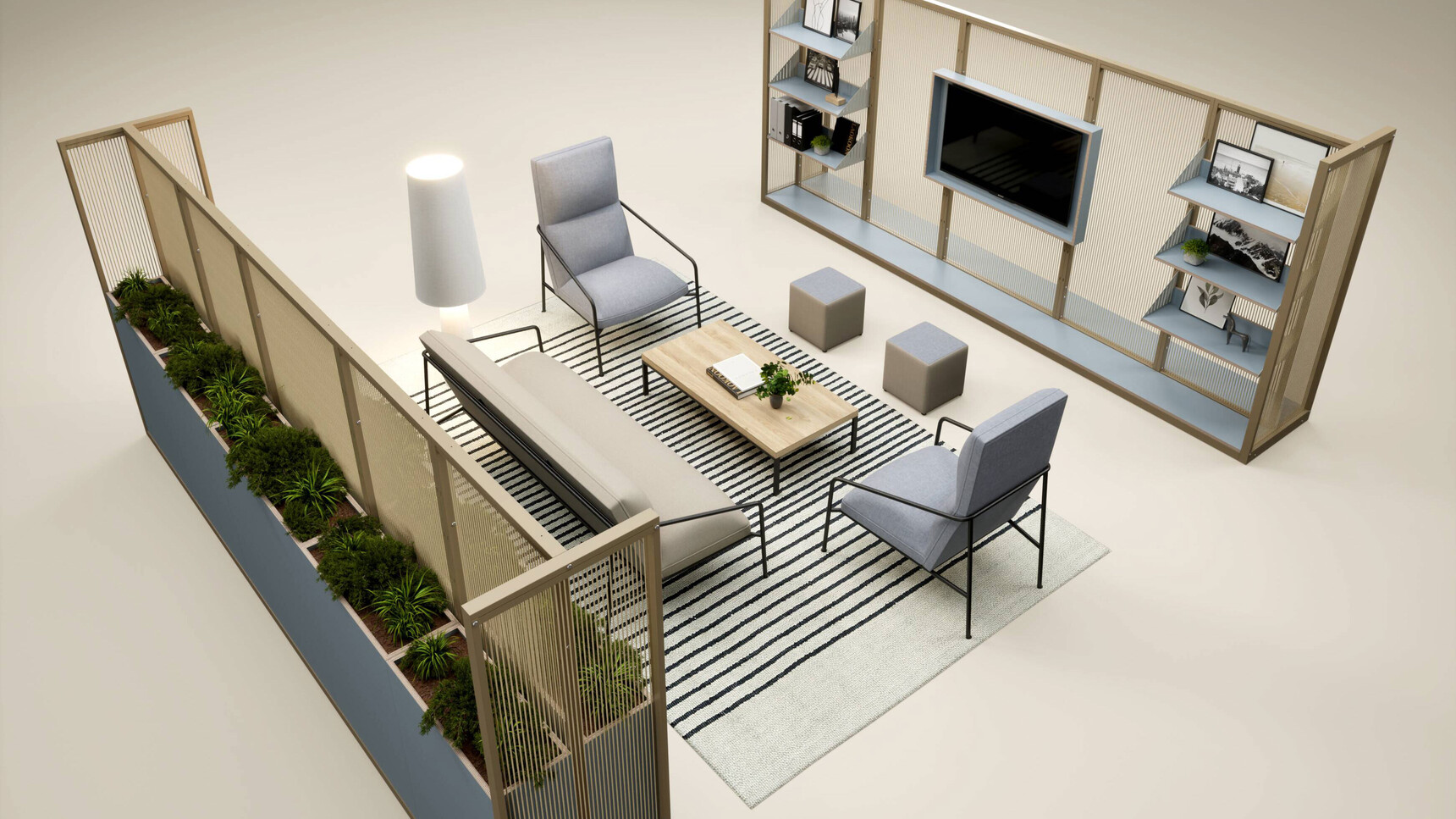 Connection Harp Lounge Space Divider Grey Beige Finish With Planters Family Image