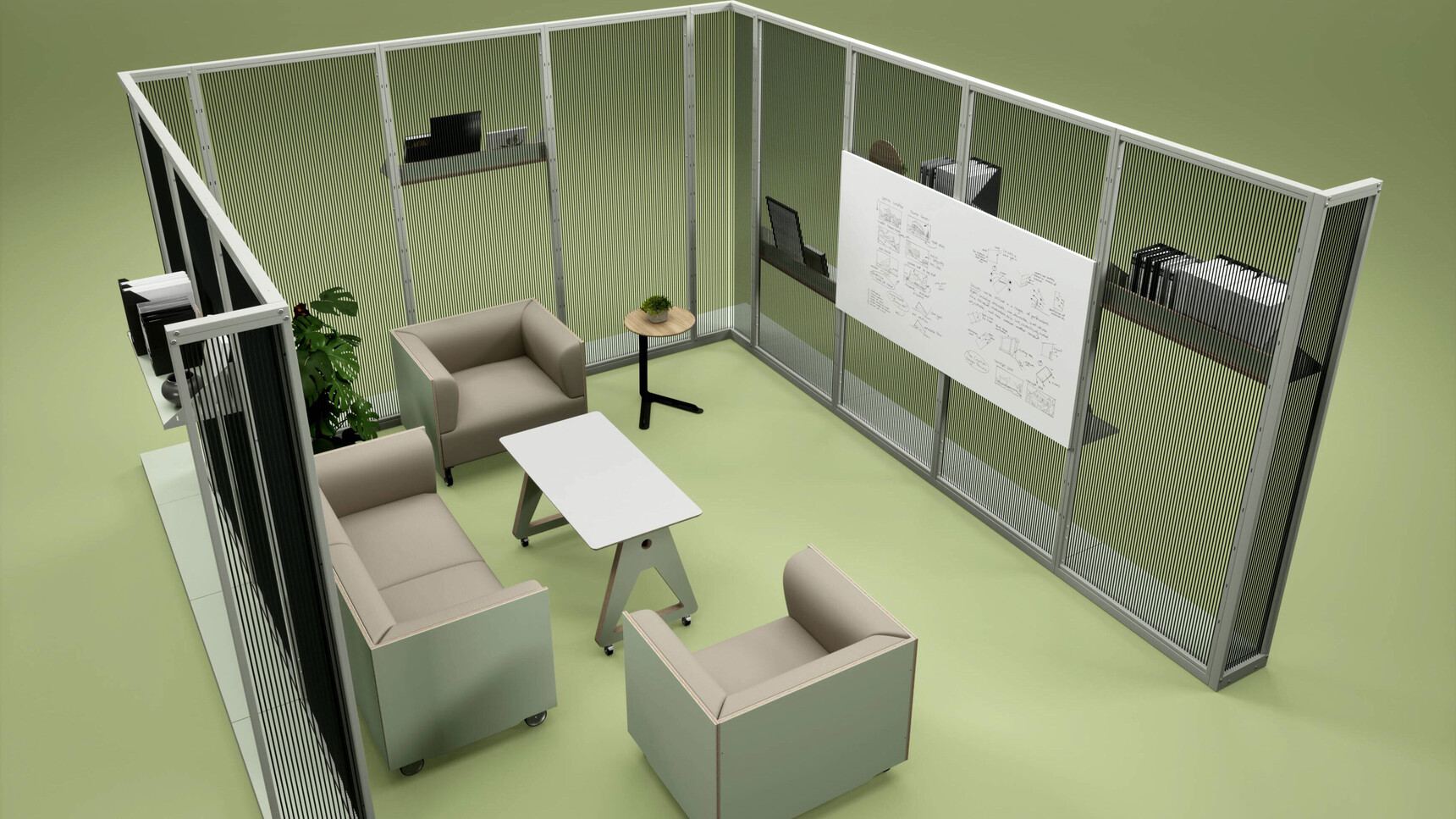 Connection Harp Focus Space Divider Silk Grey Finish In Office Setting