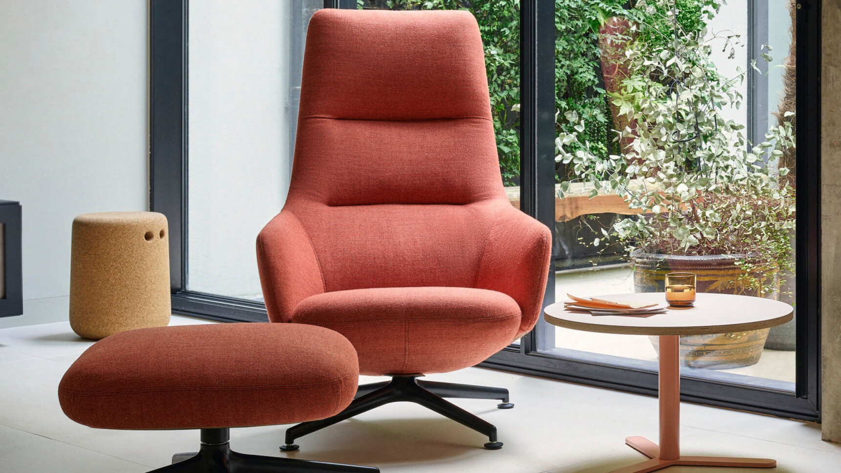 Modus Balance Lounge Chair Red Upholstery With Footstall In Situ