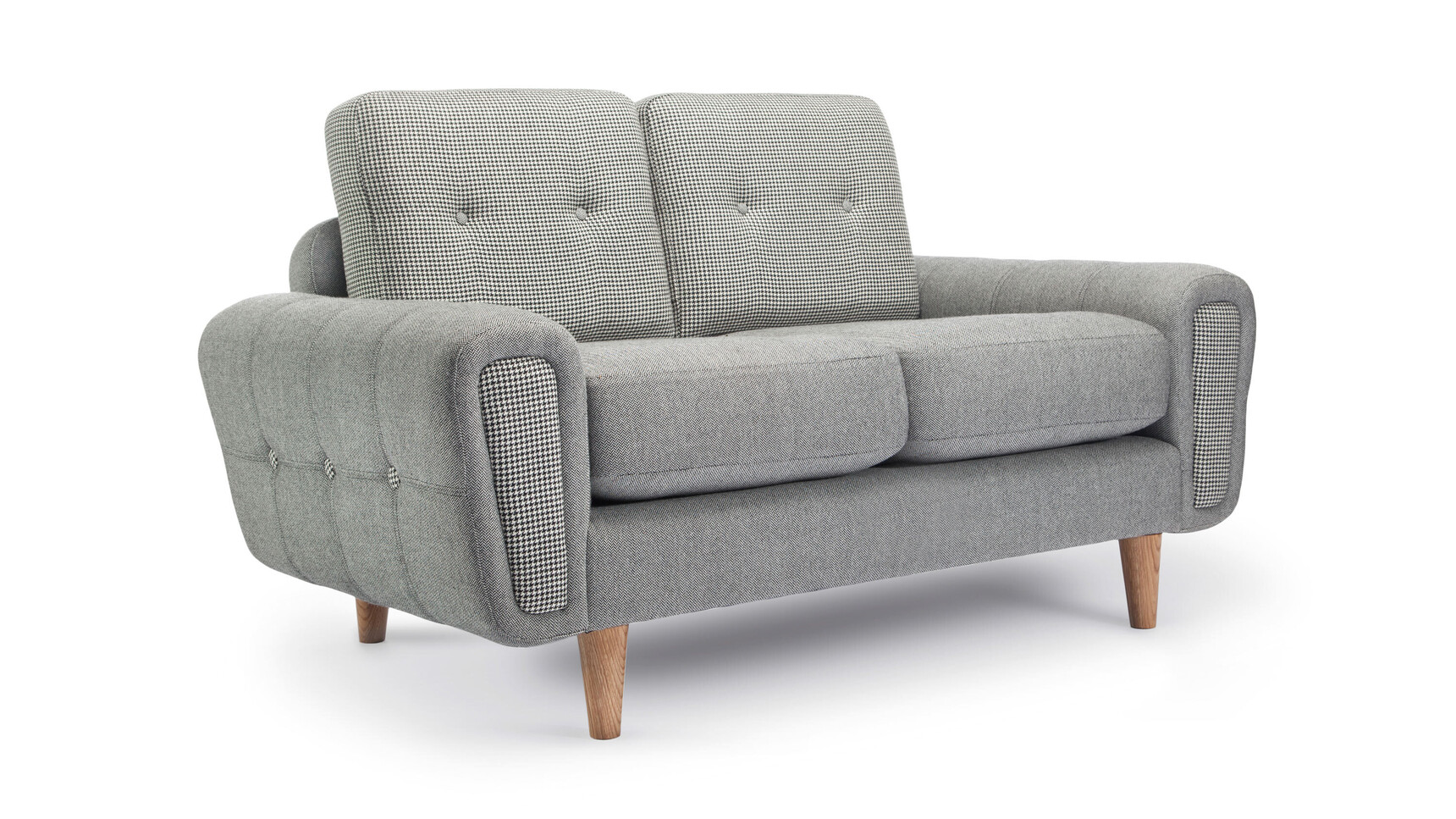 Deadgood Harvey Sofa | 2 Person Grey Upholstery Front Quarter Angle Family Image
