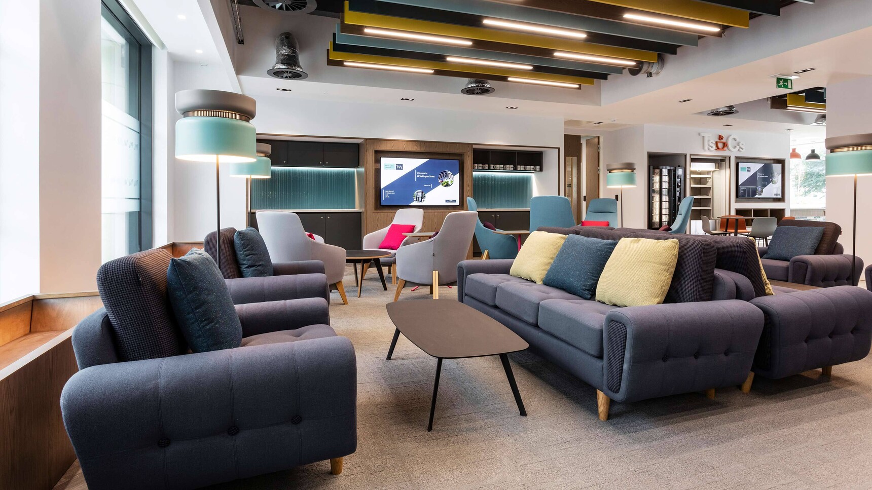 Deadgood Harvey Sofas | 3 Person Blue Upholstery In Office Setting