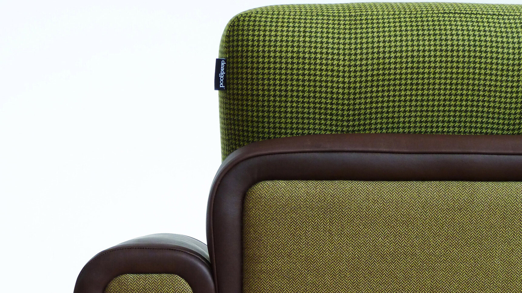 Deadgood Harvey Sofa | 3 Person Green Upholstery Brown Leather Detail Image