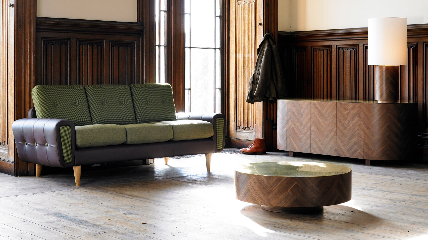 Deadgood Harvey Sofa | 3 Person Green Upholstery Brown Leather In Situ