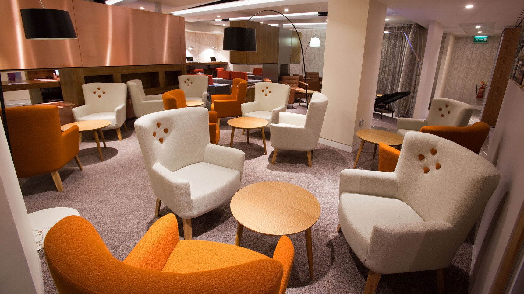 Deadgood Love Lounge Chairs White Upholstery With Orange Upholstered Love Chair In Lounge Setting