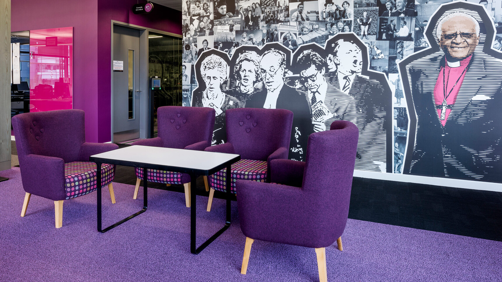 Deadgood Love Lounge Chairs Purple Upholstery At Table In Situ