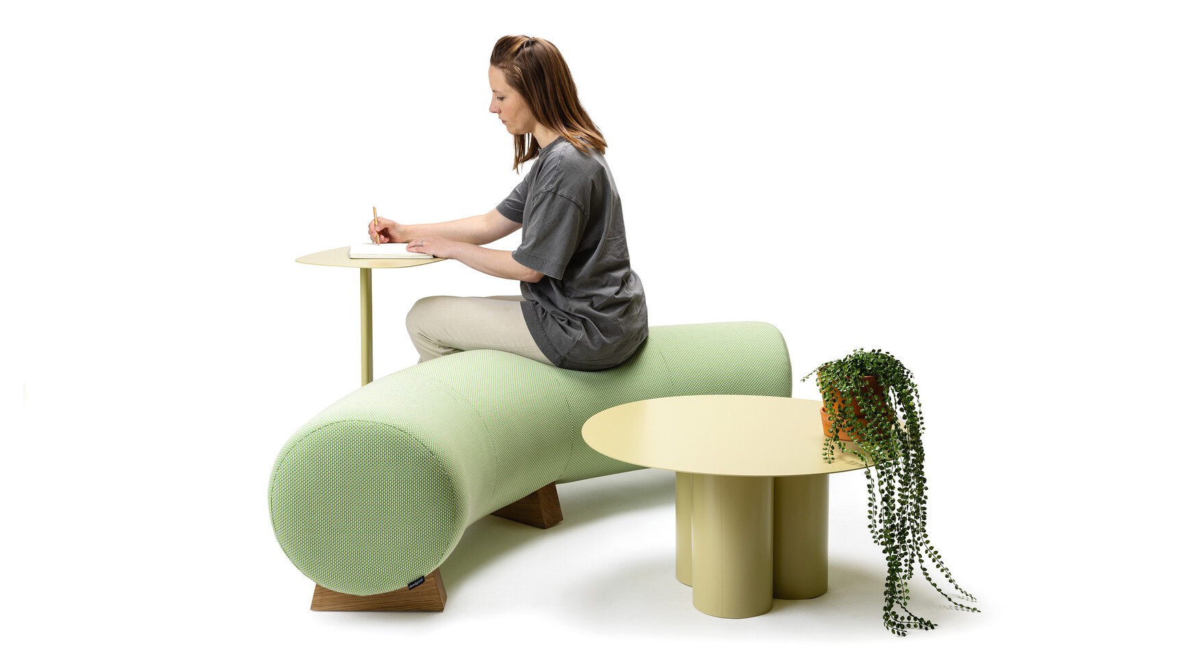 Deadgood Woody Bench | Curve Green Upholstery With Chonk Family Image