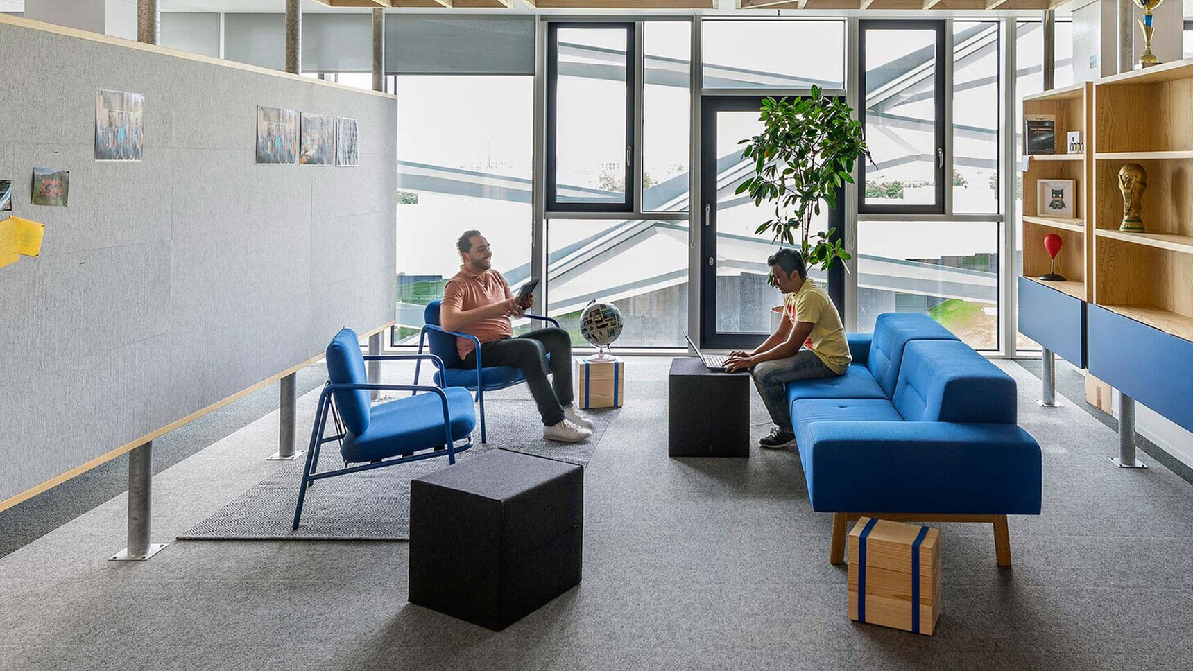 Deadgood Two Working Lounge Armchairs Blue Frame Finish With Sofa In Office Setting