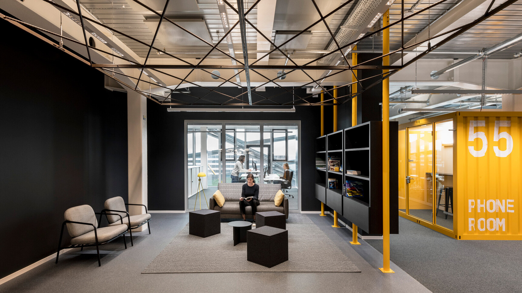 Deadgood Working Lounge Armchairs Black Frame Finishes Grey Upholstery In Office