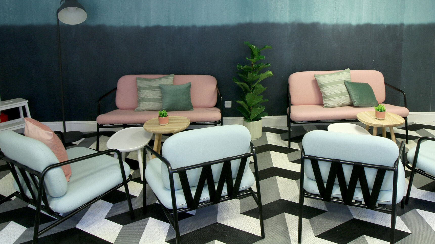 Deadgood Four Working Lounge Armchairs With Two Sofas In Pink Upholstery In Reception Setting