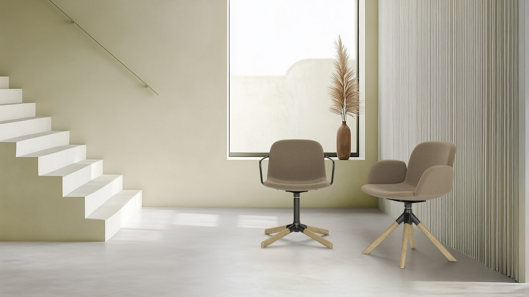 Elite Tully Meeting Chair With Upholstered Arms | Pyramidal Wood Base With Tully Metal Arms Flat Pyramidal Base In Situ