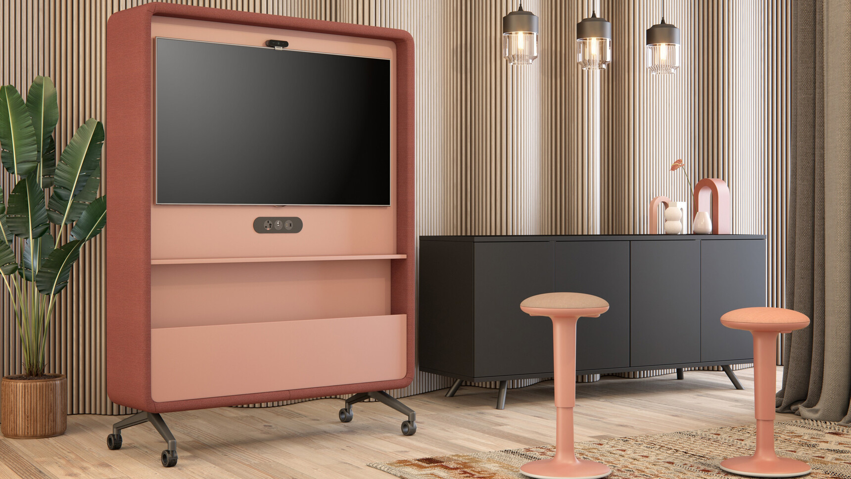 Elite Switch Mobile TV & Whiteboard Media Unit Orange Upholstery In Situ