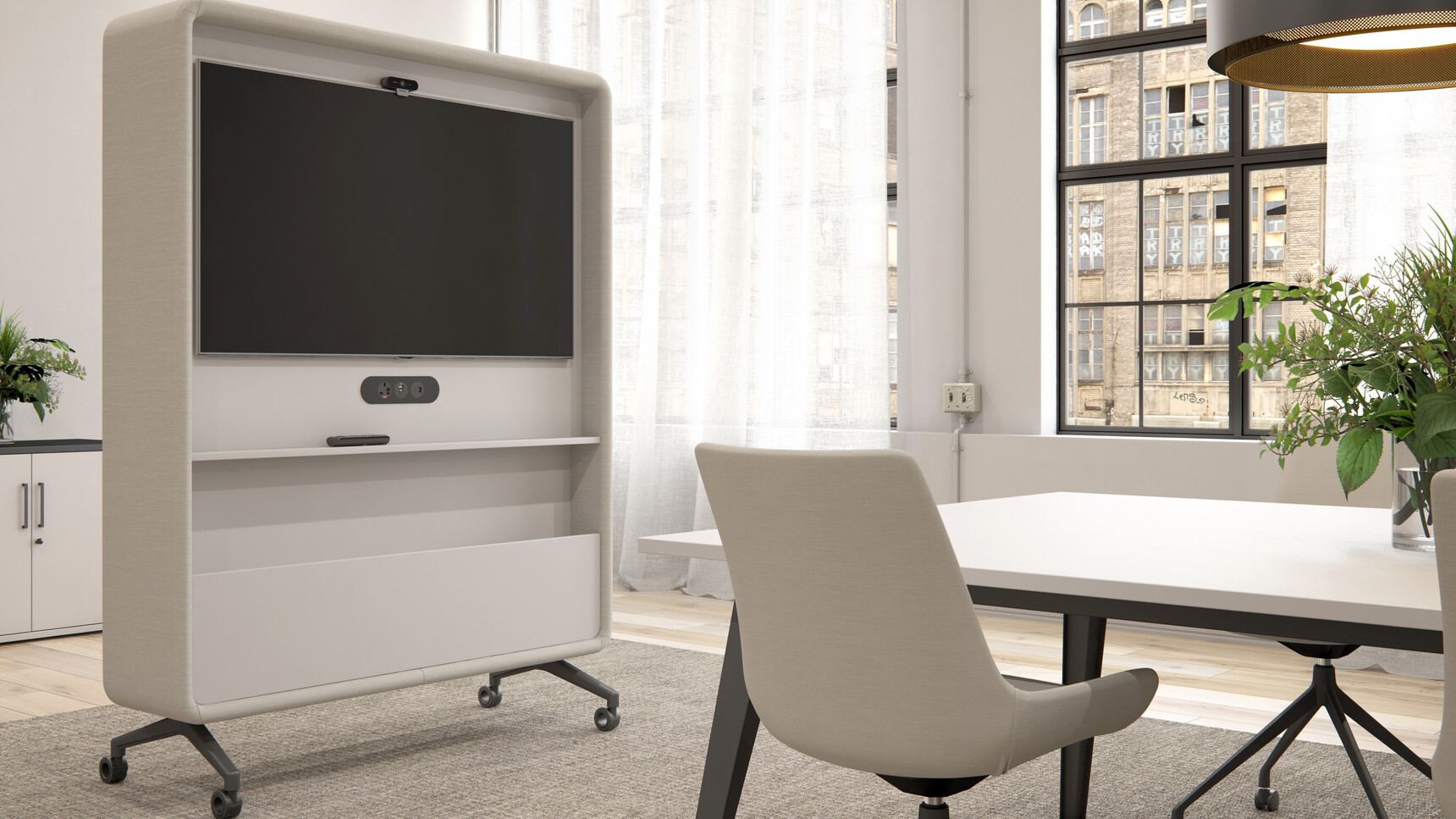 Elite Switch Mobile TV & Whiteboard Media Unit White Finish In Situ