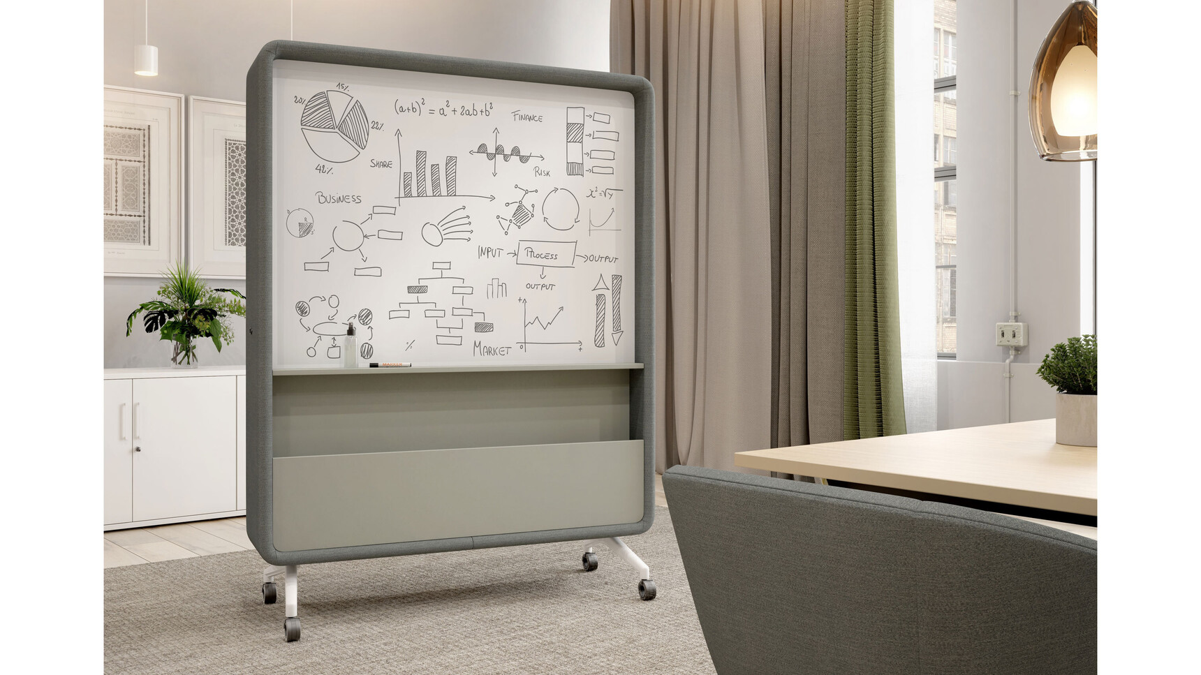 Elite Switch Mobile TV & Whiteboard Media Unit With Olive Green Finish In Office Setting