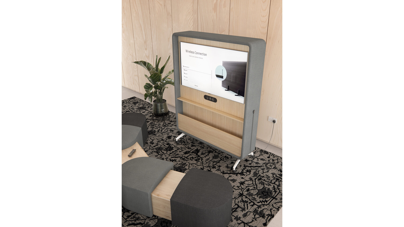 Elite Switch Mobile TV & Whiteboard Media Unit Wood Finish Grey Upholstery In Situ