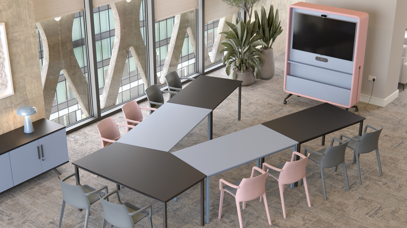 Elite Switch Mobile TV & Whiteboard Media Unit Pink Upholstery Mystique Blue Finish In Office Environment