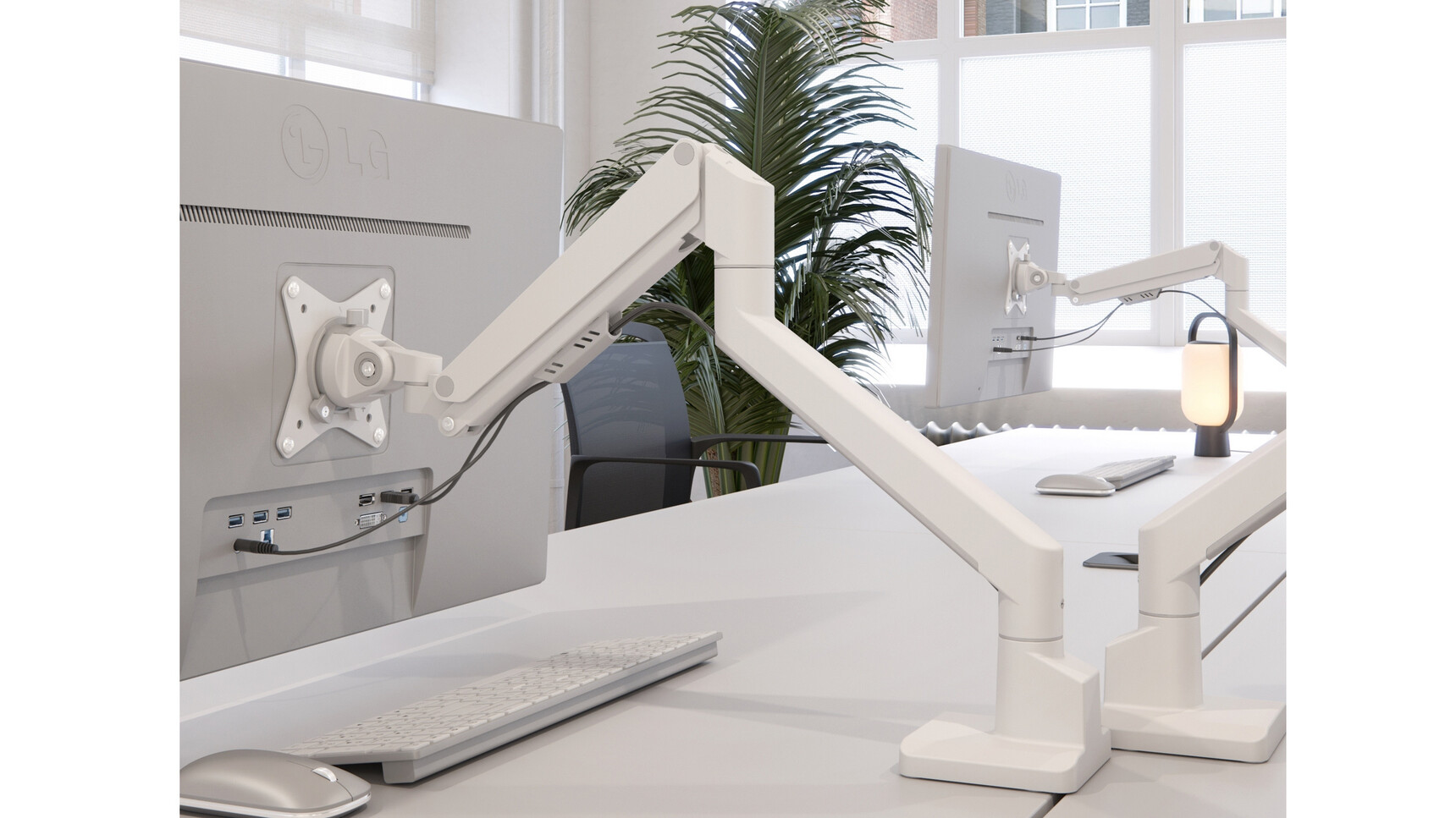 Elite Maya Single Monitor Arms Matt White Finish In Situ