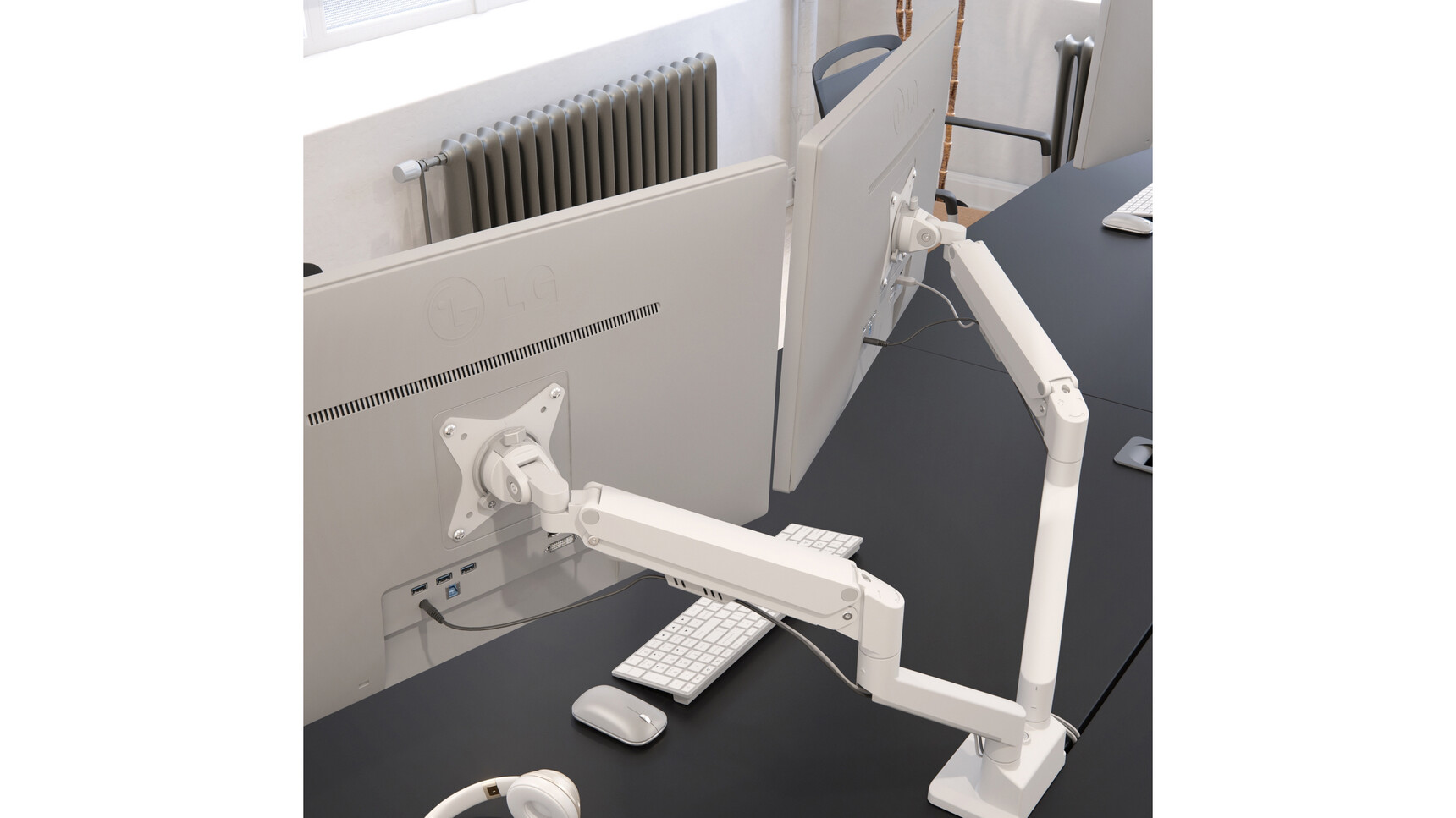 Elite Maya Dual Monitor Arms White Matt Finish With Two Monitors Detail Image