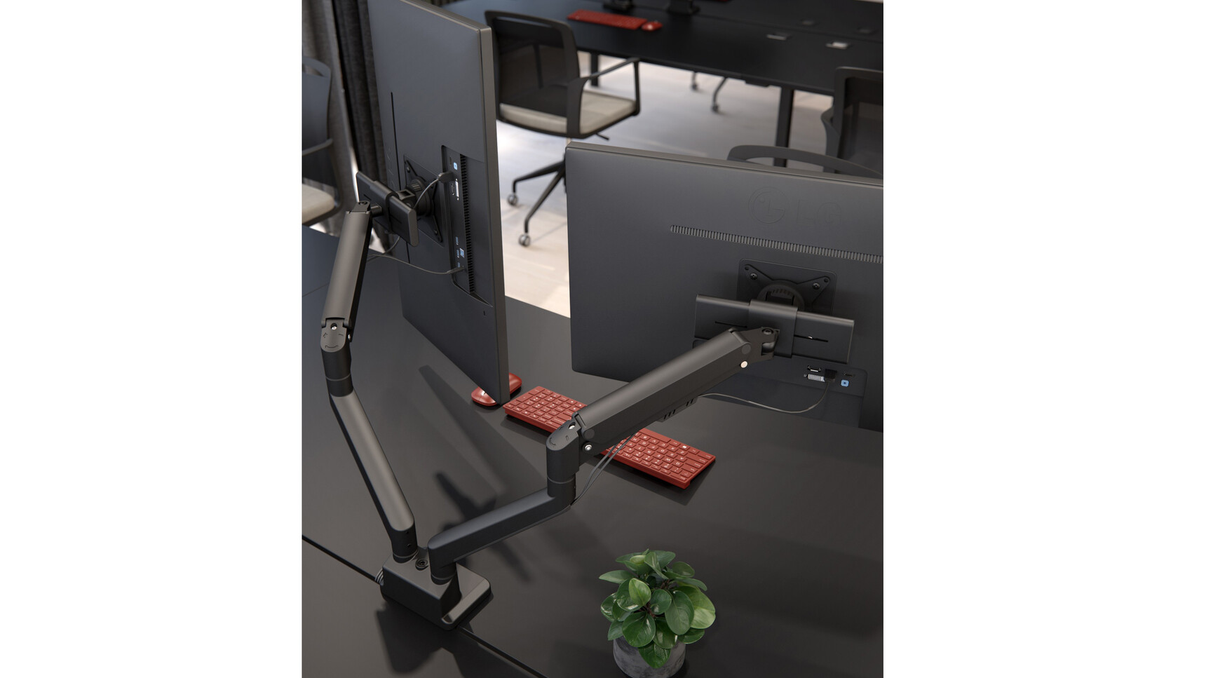 Elite Maya Dual Monitor Arms Black Matt Finish With Two Monitors In Situ