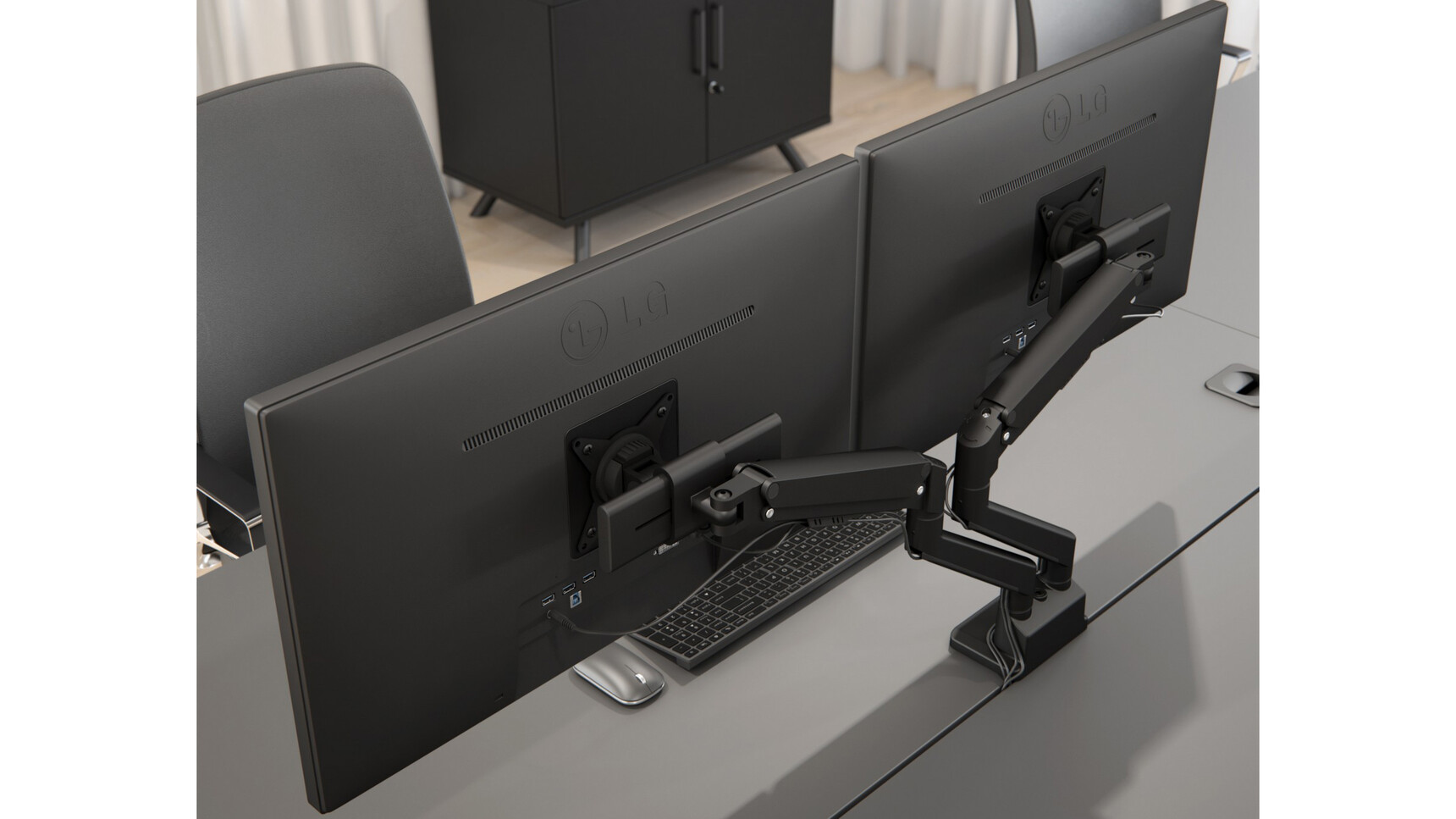 Elite Maya Dual Monitor Arms Black Matt Finishes On Bench Desk In Situ
