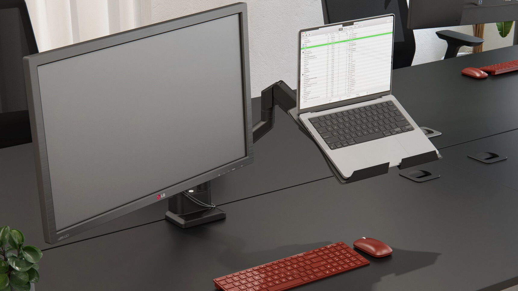 Elite Maya Dual Monitor Arms Black Matt Finish With Laptop And Monitor Family Image