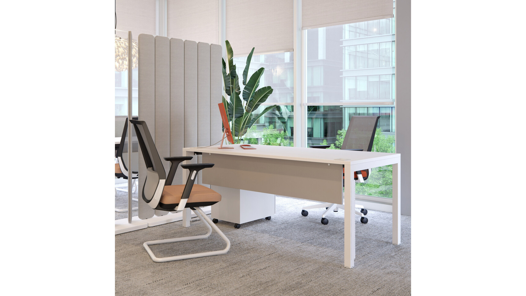 Elite Hive Straight Floor Standing Screens With Matrix + Table In Office Setting
