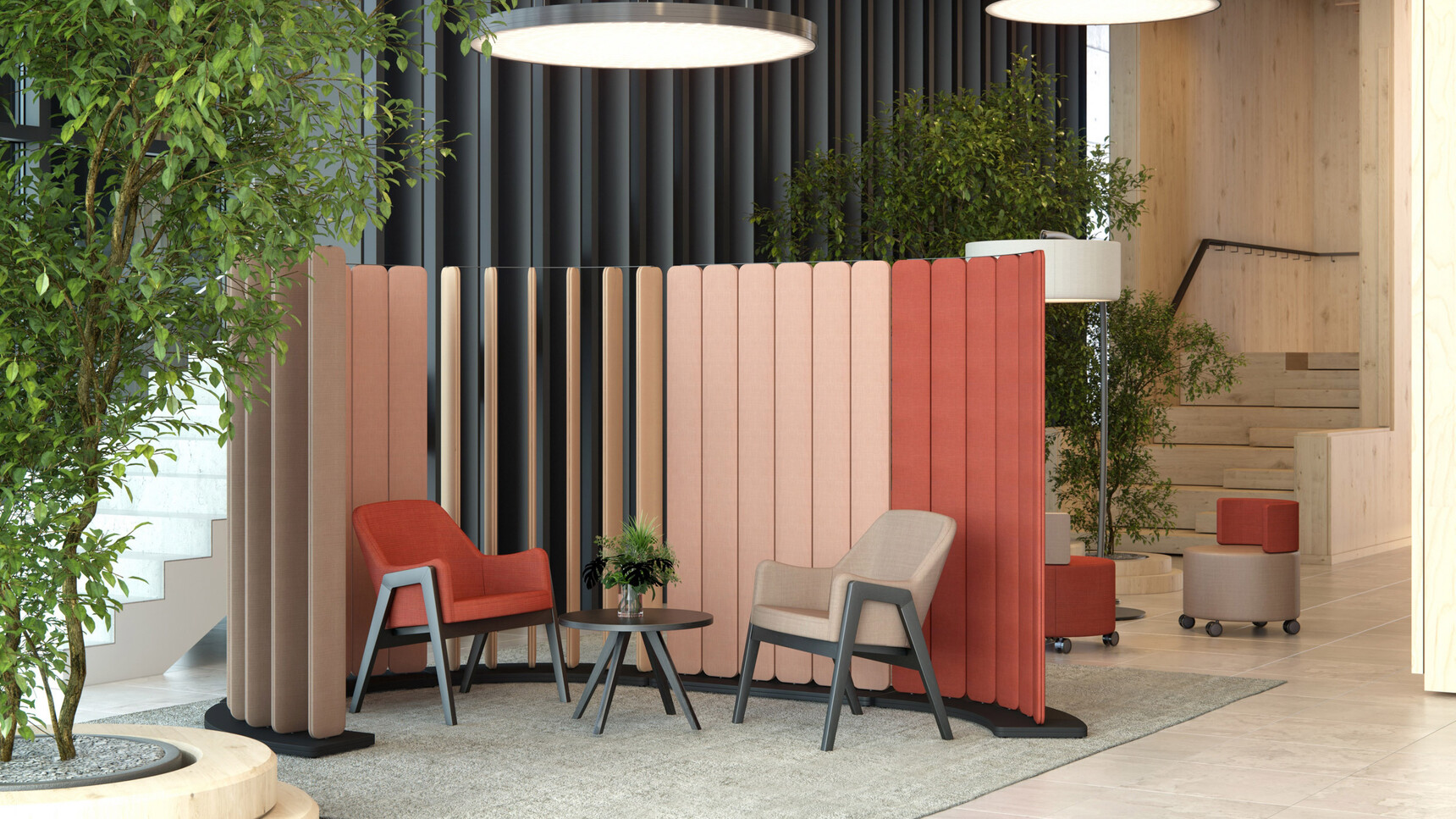 Elite Hive 60 Degree Curved Floor Standing Screens A Mix Of Rotated And Non Rotated In Office Setting