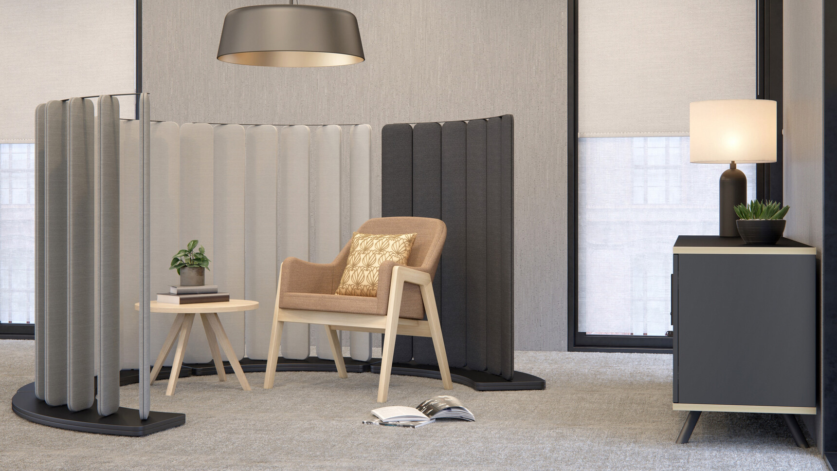 Elite Hive 60 Degree Curved Floor Standing Screens Grey Upholstery In Office Setting