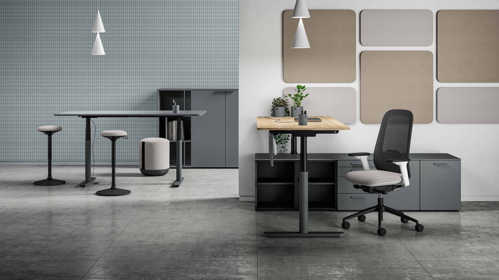 Bralco Nuvola Rectangular Height Adjustable Desks In Office Setting