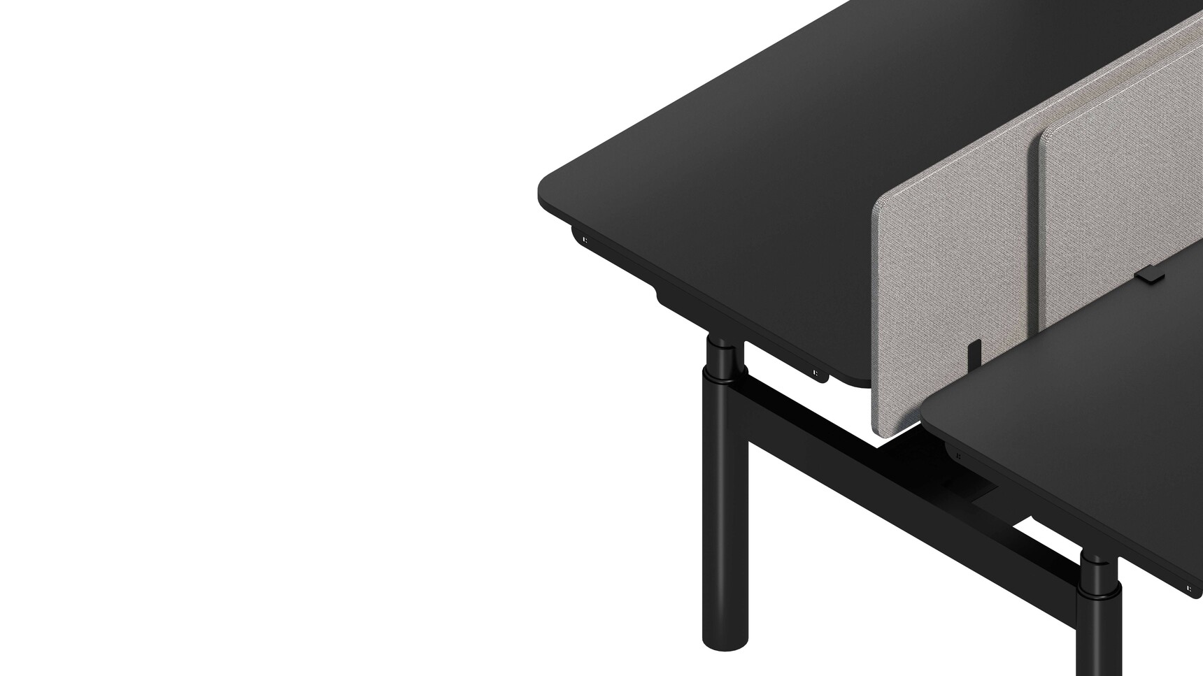 Bralco Nuvola Height Adjustable Bench Desk Black Finish With Grey Screens White Background Family Image