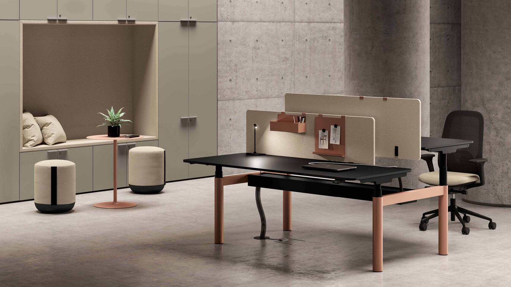 Bralco Nuvola Height Adjustable Bench Desk Black Top Pink Base In Office Setting