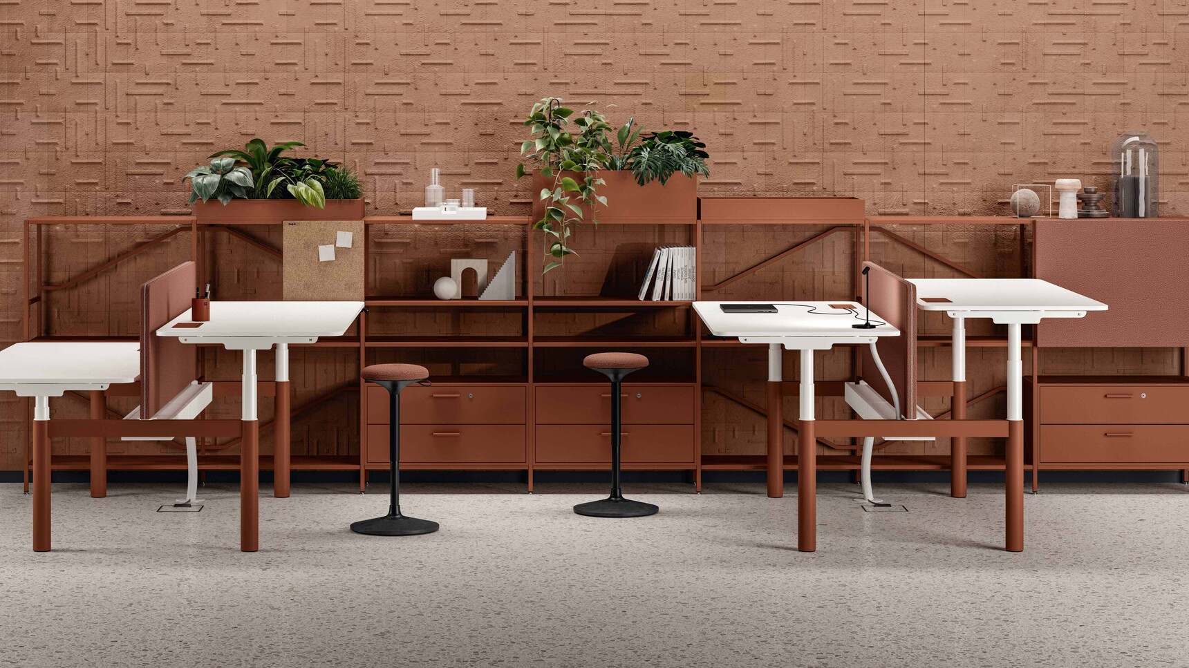 Bralco Nuvola Height Adjustable Bench Desks White Top Red Base In Office Setting