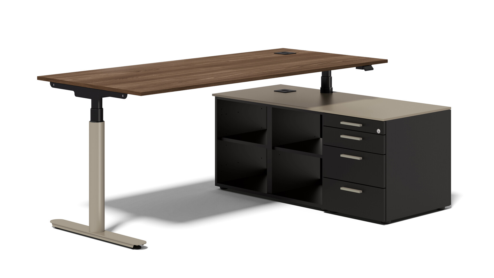 Bralco Nuvola Height Adjustable Desk With Return Storage Wood Top Black Frame Family Image