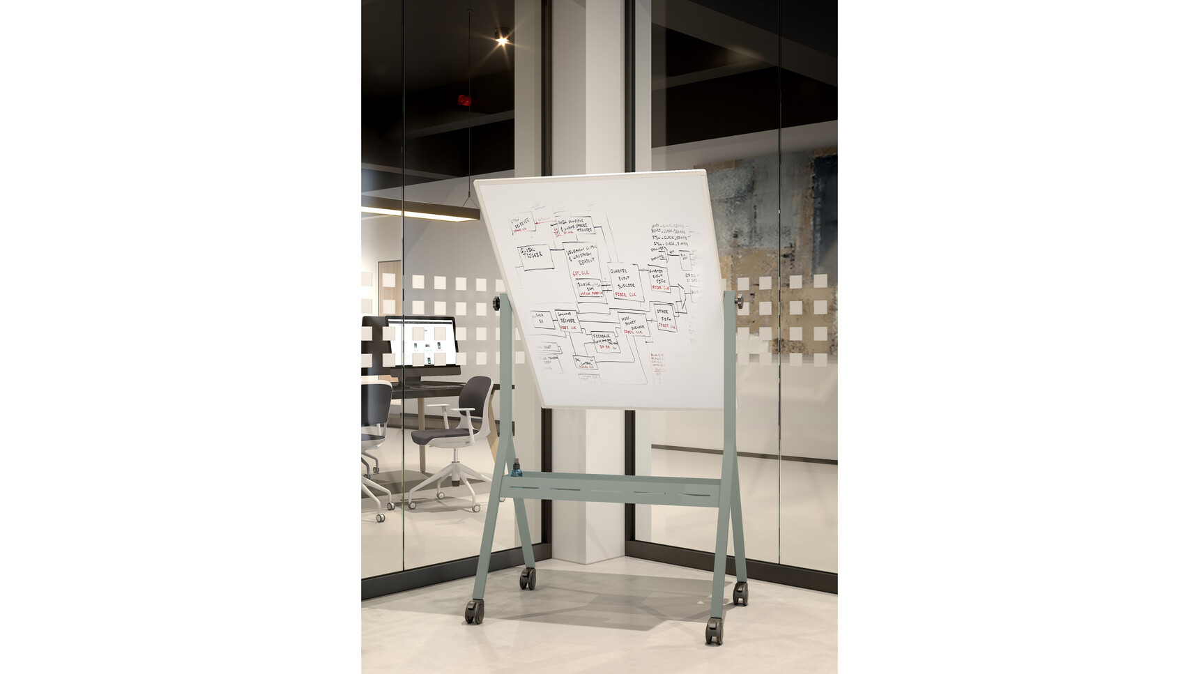 Elite Office Furniture Mobile Portrait Whiteboard Unit Olive Green Finish In Office Setting