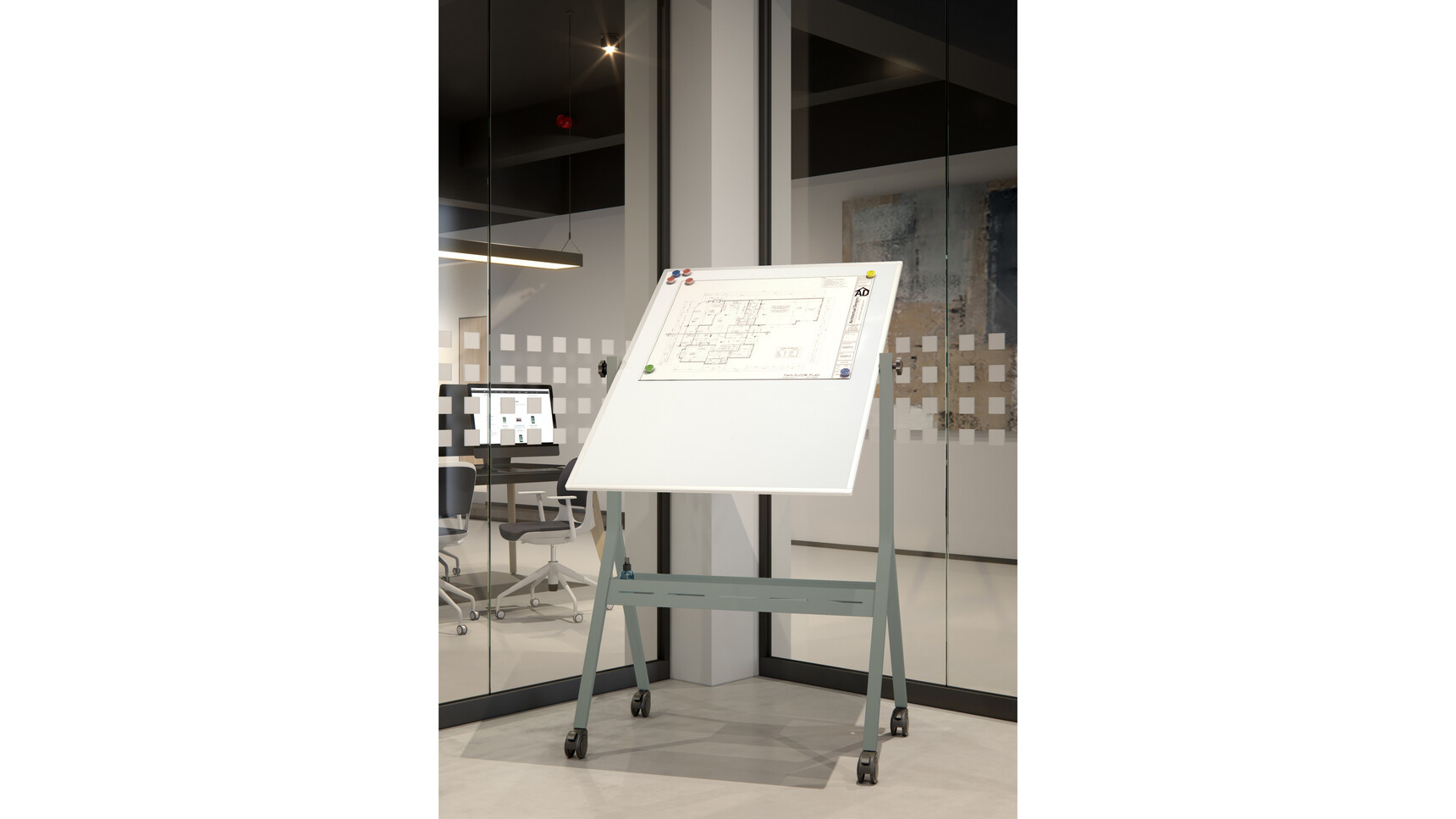 Elite Office Furniture Mobile Portrait Whiteboard Unit Olive Green Finish In Office Environment