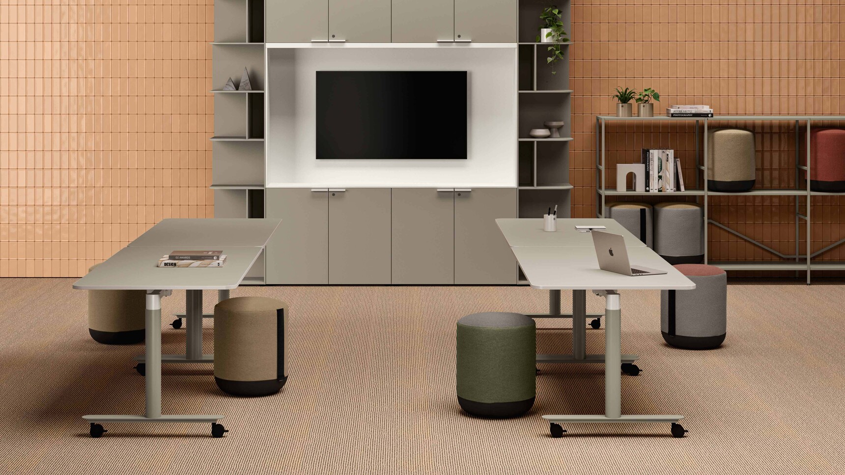 Two Bralco Nuvola r Flip Top Tables On Castors In Office Setting