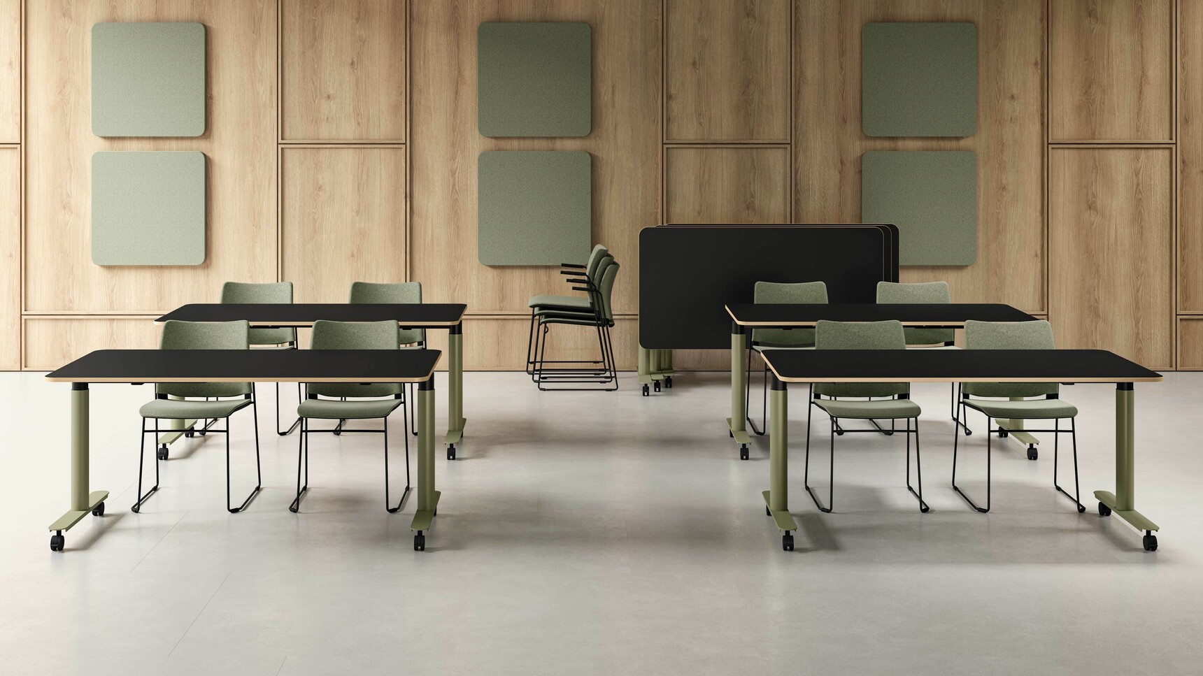 Four Nuvola r Flip Top Tables On Castors Black Tops Green Frame In Office Setting