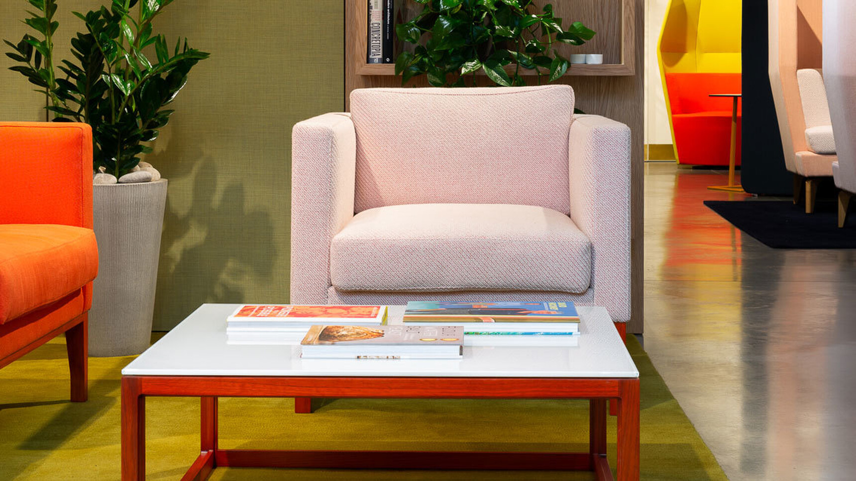 Boss Design Metro Large Rectangular Coffee Table With White Glass Table Top And Orange Wood Finish At Sofa And Chair