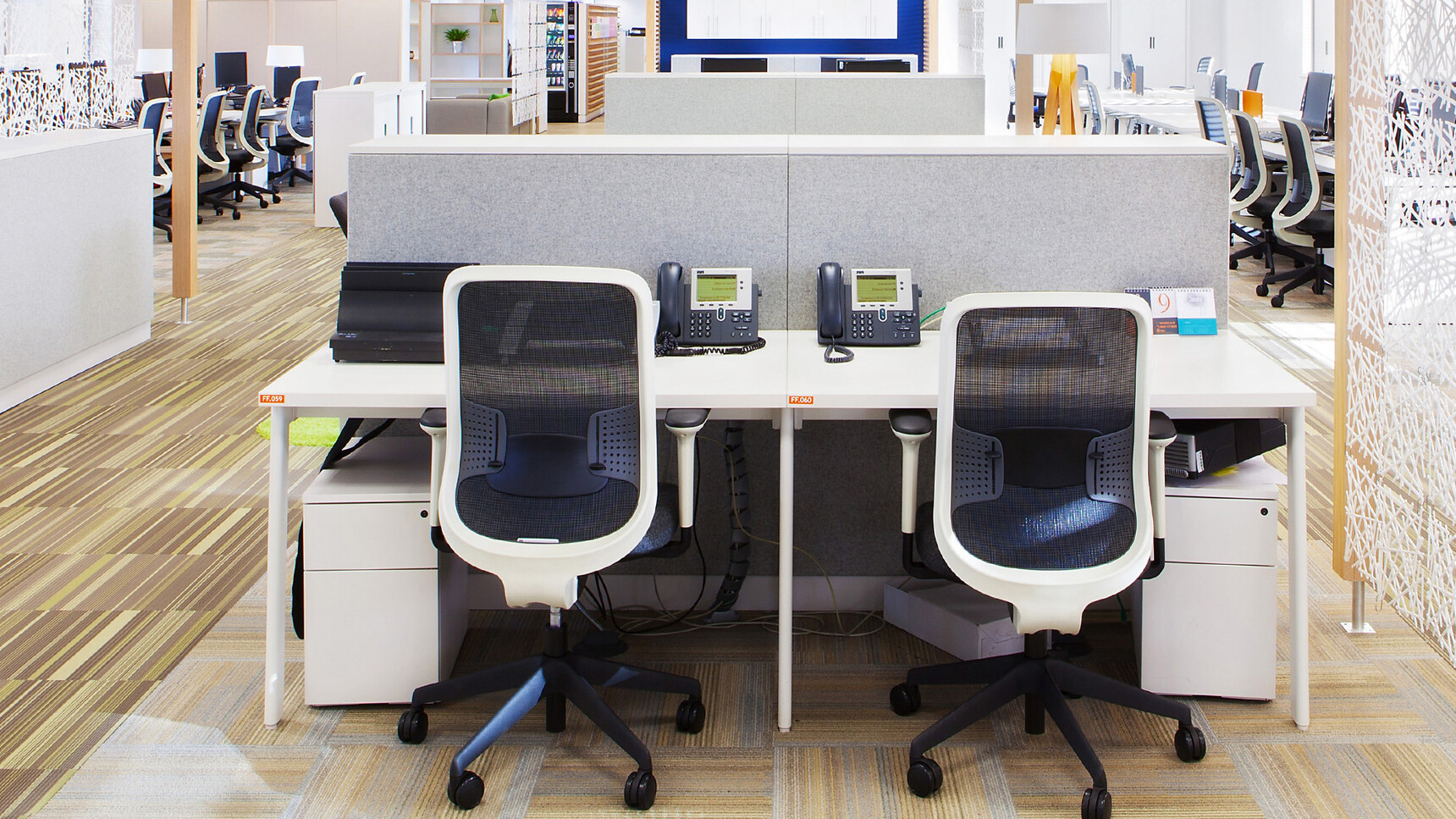 Two Orangebox Do Office Chairs In Blue Upholstery Black Base White Frame At Desks With White Finish
