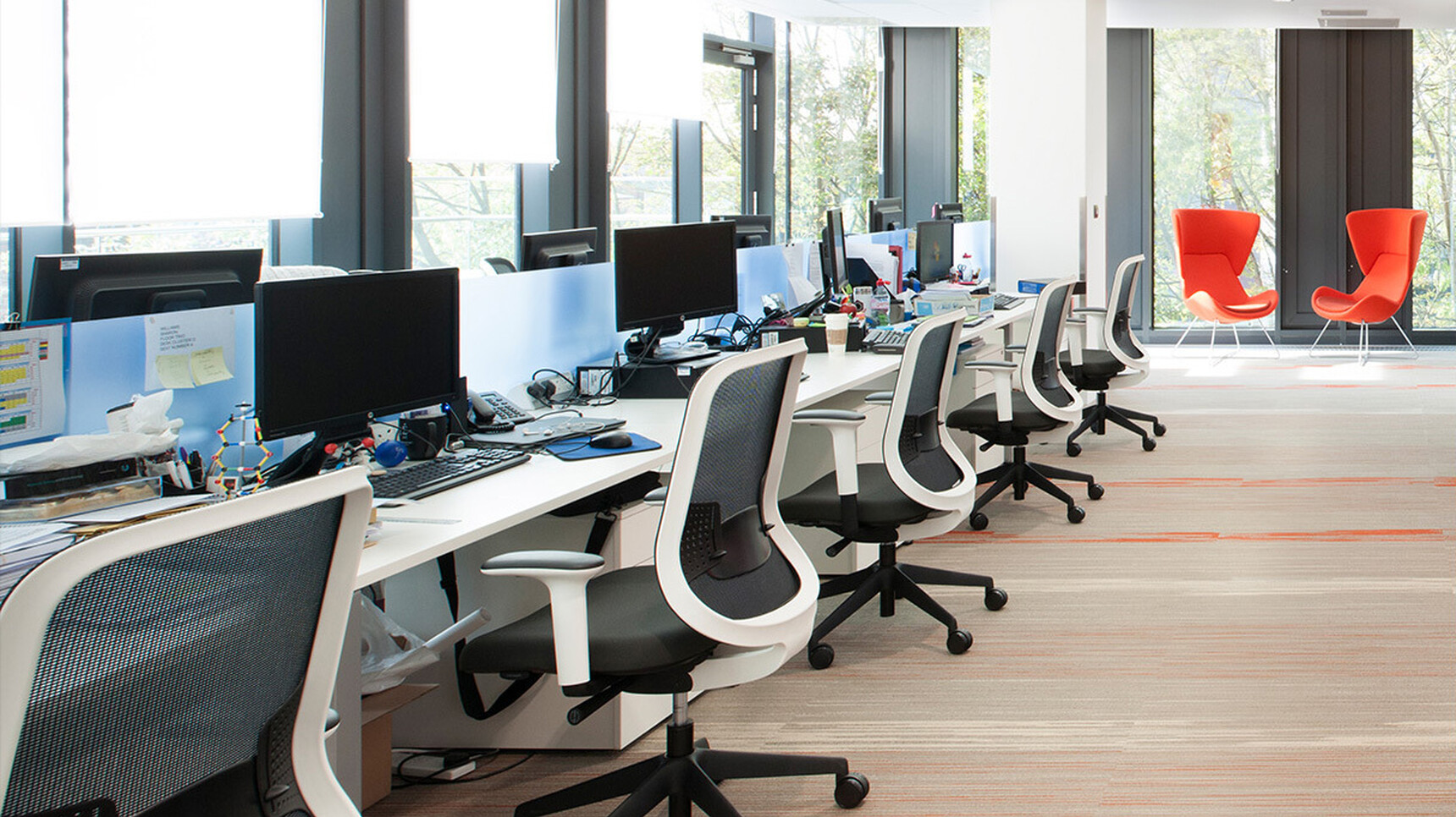 Five Orangebox Do Office Chairs In Grey Upholstery And White Frame Black White Arms Black Base At Desks White Finish