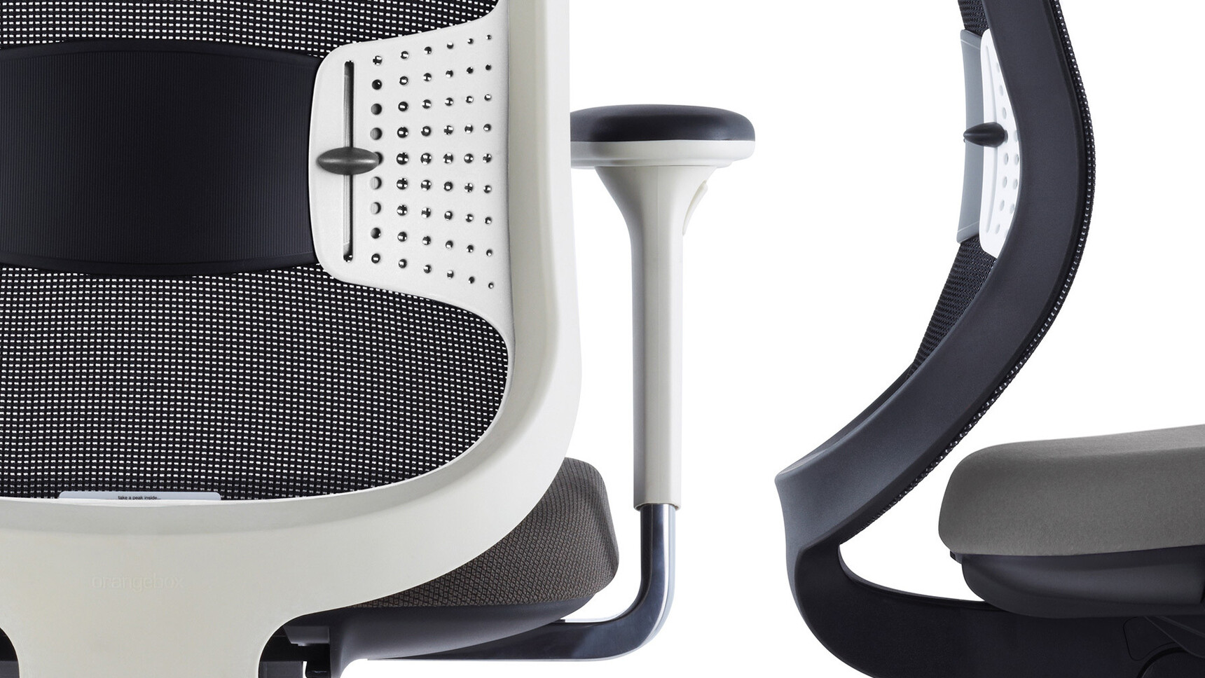 Two Orangebox Do Office Chair In Grey Black Upholstery And Black White Frames And White Black Arms Detail Image