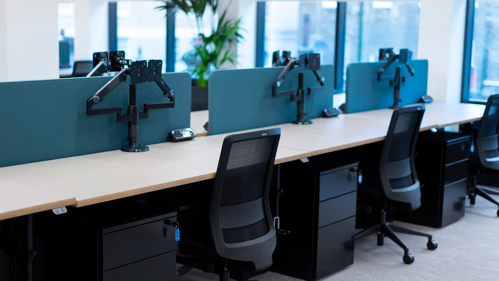Four Workstories S30 Mesh Back Office Chairs Black Upholstery Finish At Desks White Table Top Finish