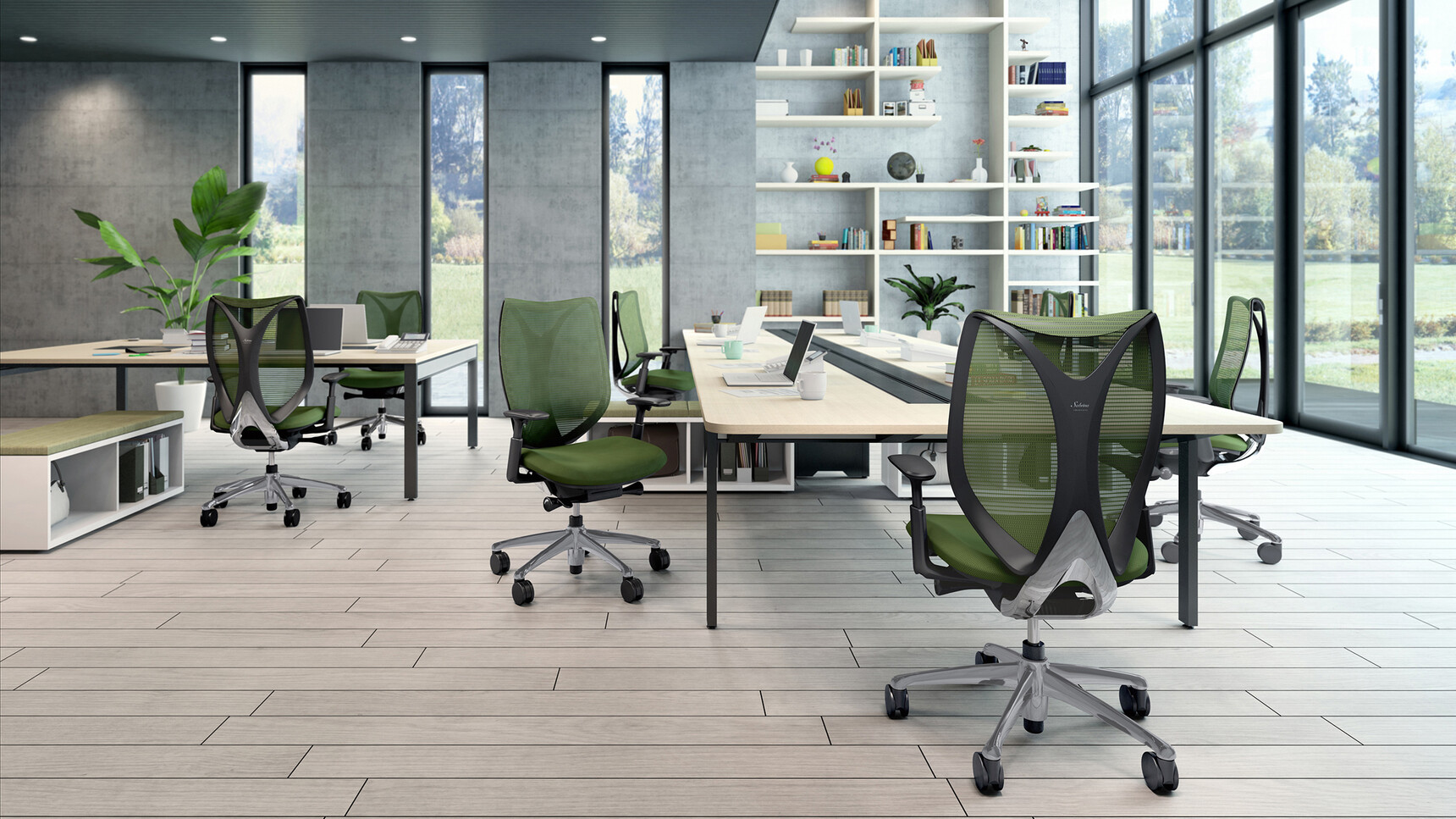 Seven Okamura Sabrina Office Chairs Dark Green Upholstery Black Frame Polished Base Finish Additional Lumbar Support Black 4-D Adjustable Arms At Desk