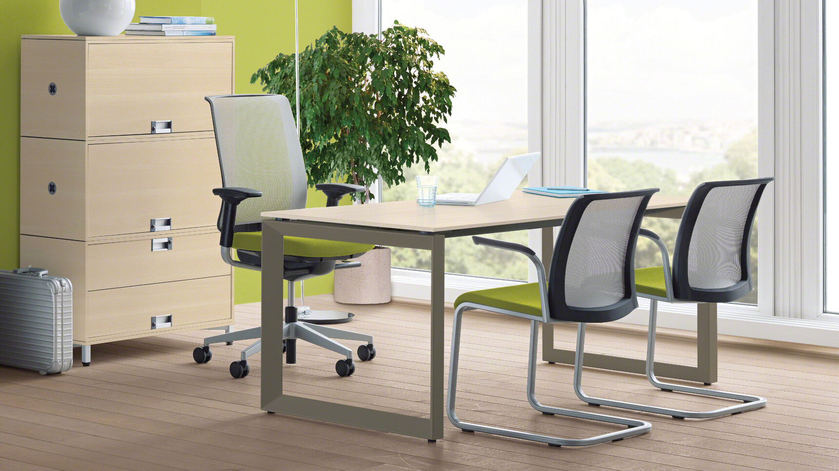 Steelcase Frameone Fixed Height Desk Grey Loop Legs Wood Finish Two Eastside Sled Base Meeting Chairs Fixed Arms One Reply Mesh Back Green Upholstery