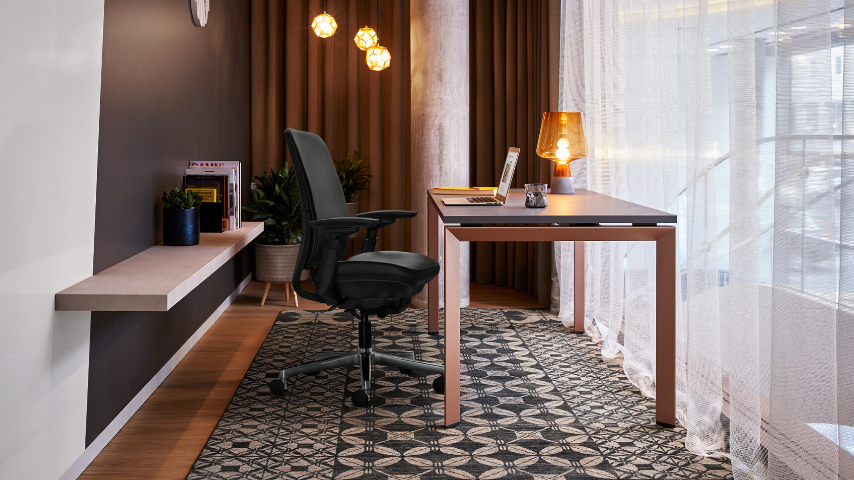 Steelcase Frameone Goalpost Leg Desk With Black Top Dark Brown Leg Finish Gesture Shell Back Office Chair Black Upholstery Black Frame Polished Chrome Base