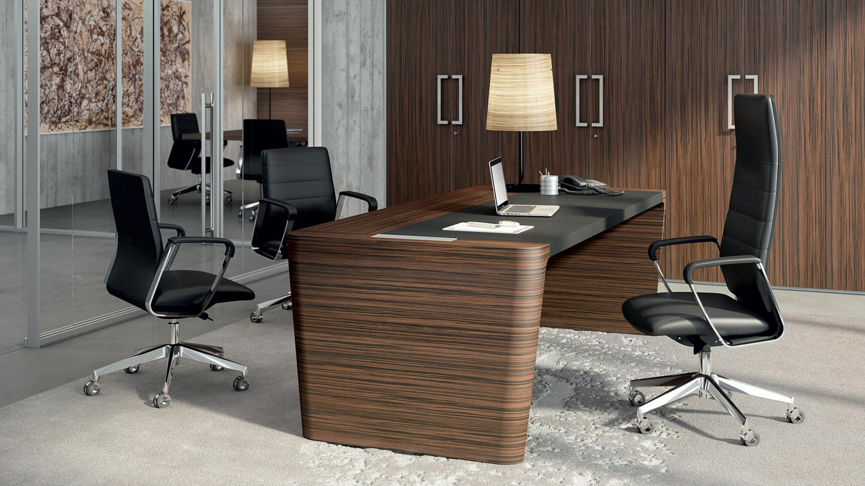 Quadrifoglio Directa Executive Highback Armchair With Black Upholstery Black Chrome Armrest At X10 Wood Veneer Desk with Leather Inlay Two Directa Executive Midback Armchairs
