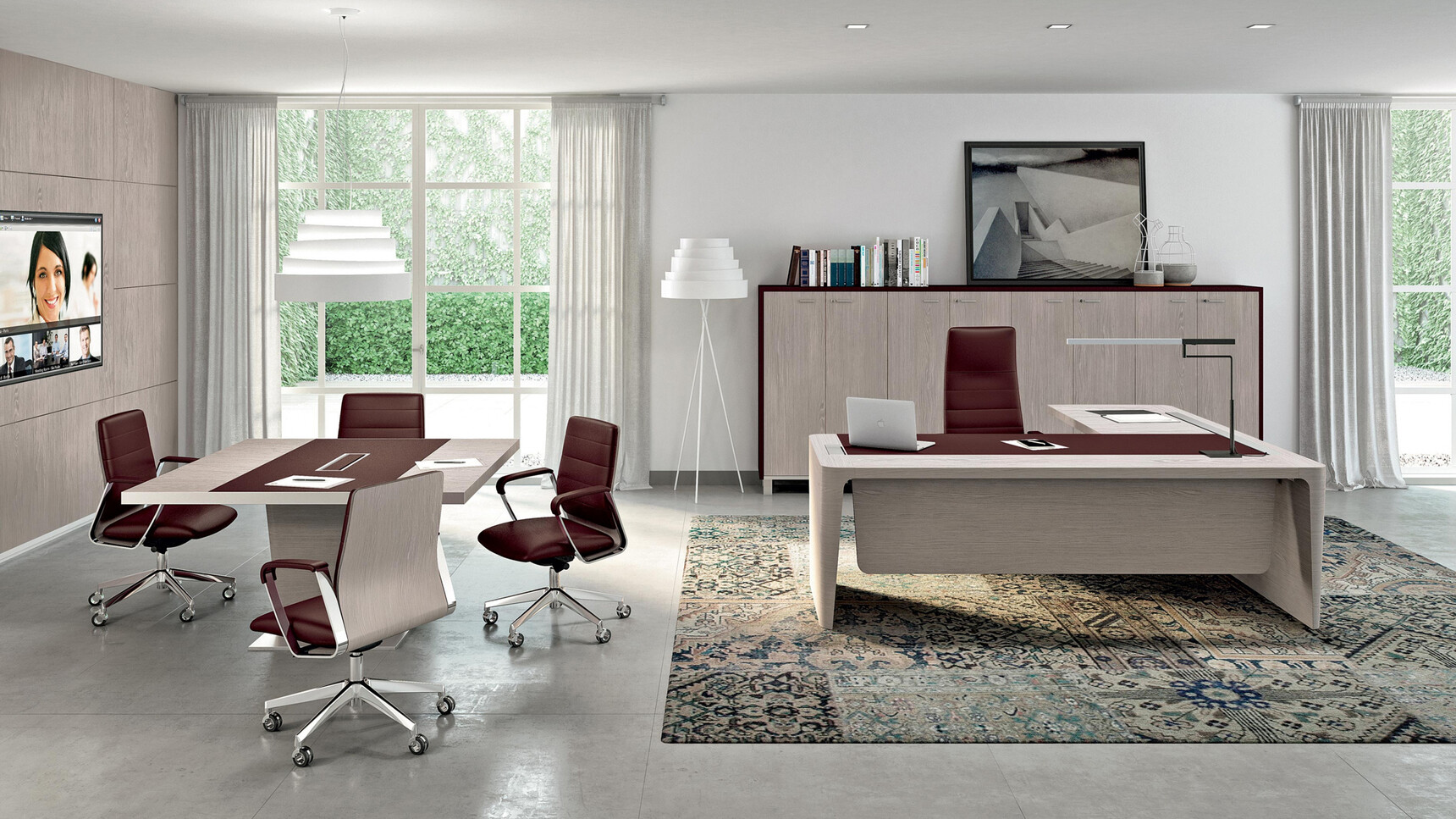 Quadrifoglio Directa Executive Highback Armchair With Brown Upholstery At X10 Wood Veneer Desk with Leather Inlay Return & Pedestal X10 Wood Veneer Meeting Table with Leather Inlay