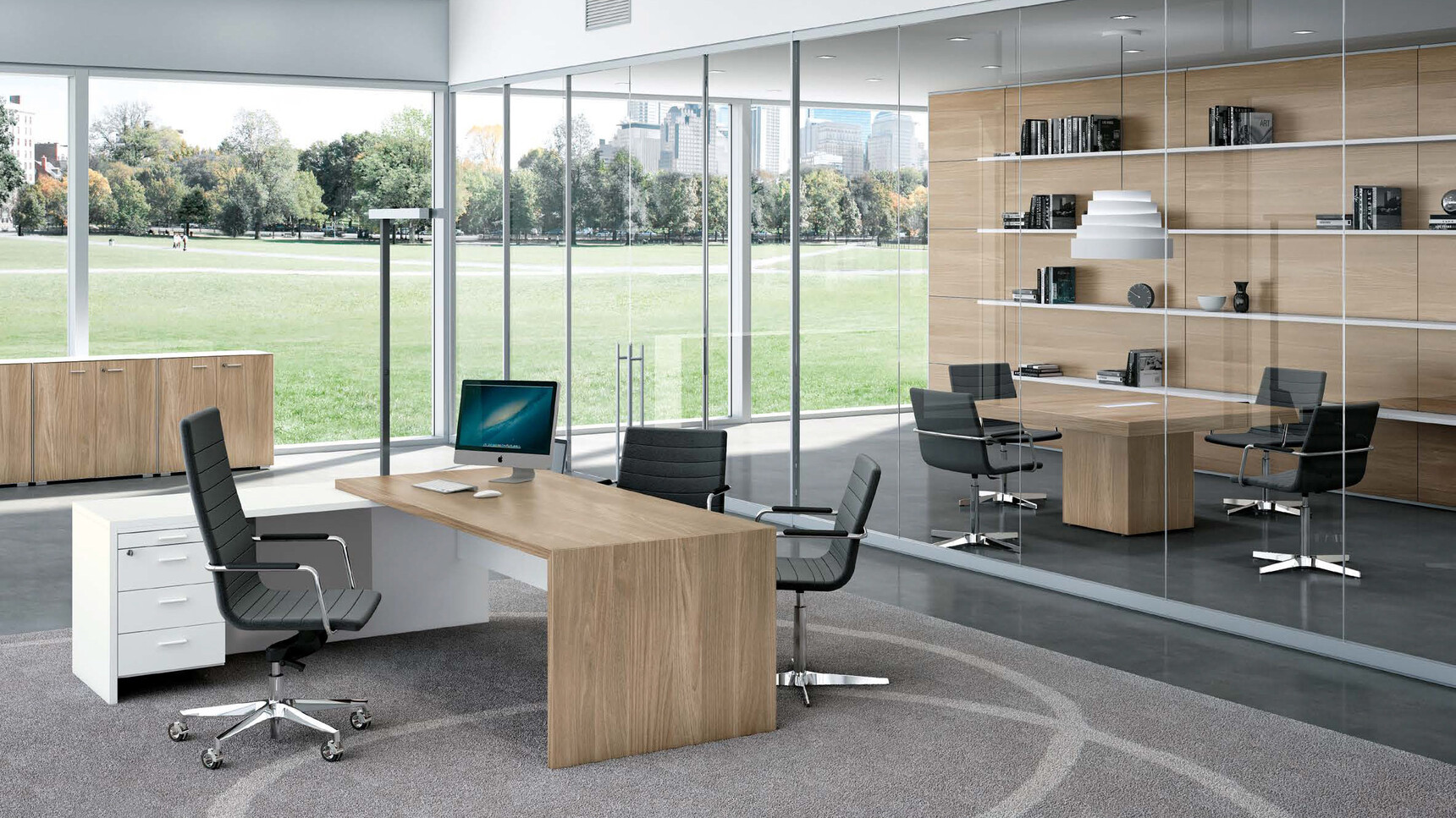 T45 L-Shaped Desk with Return & Pedestal With The Desk In Dark Wood Table Top Finish And White Modesty Panel And Legs And White Return And Pedestal And X10 Wood Veneer Meeting Table And Quadrifoglio Chairs