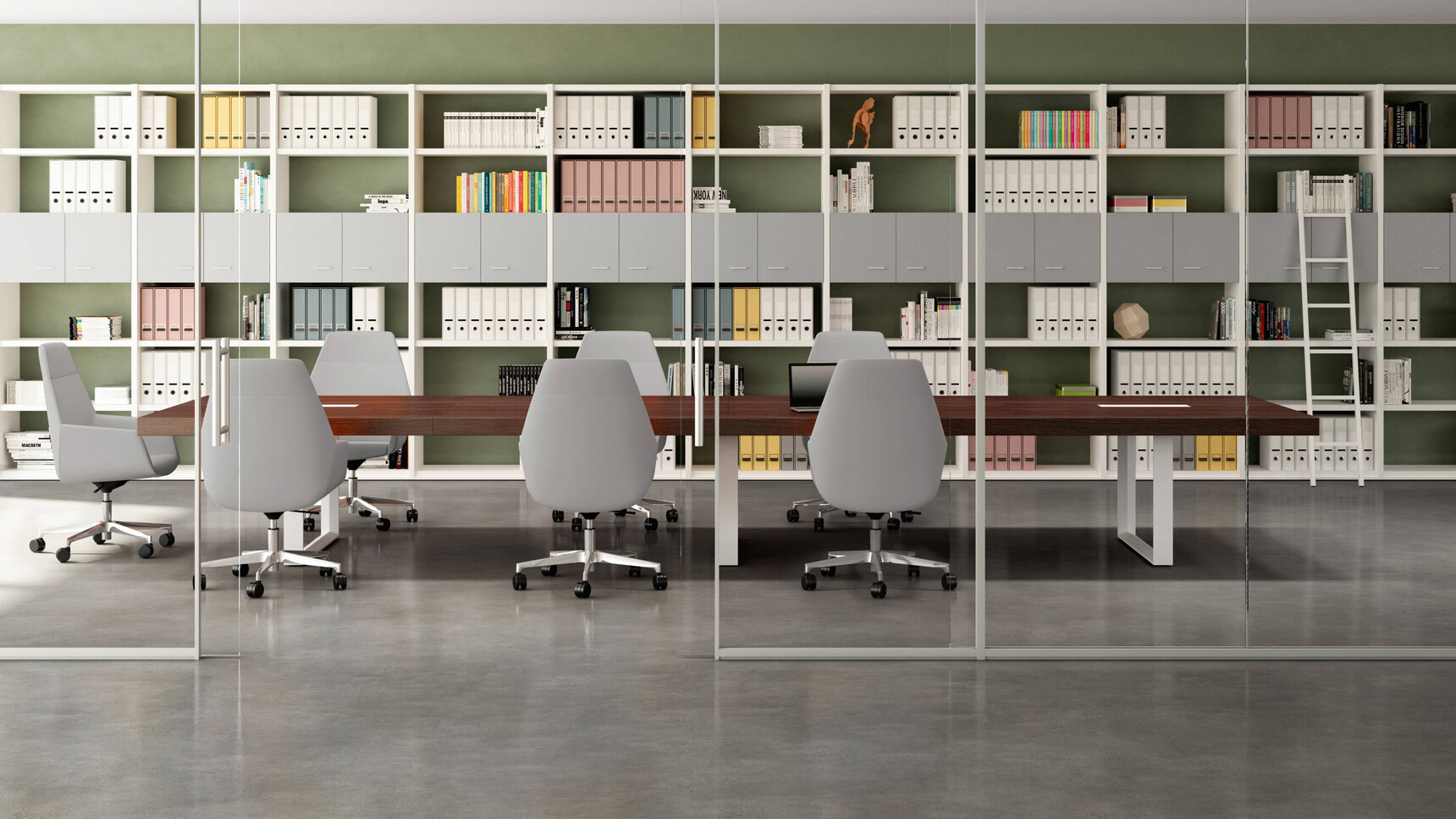 T45 Four Section Loop Leg Boardroom Table Dark Wood Top Finish Three Metal Loop Leg Light Grey Finish Horizontal Cable Management White Finish Seven Quadrifoglio Chairs At Desk